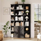 75 Tall 6-Tier Wooden Bookshelf with Storage Cabinet & Doors, Grey Wide Organizer and Display Shelf for Bedroom, Living Room, Home Office