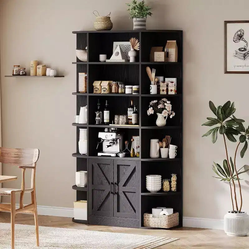 75 Tall 6-Tier Wooden Bookshelf with Storage Cabinet & Doors, Grey Wide Organizer and Display Shelf for Bedroom, Living Room, Home Office