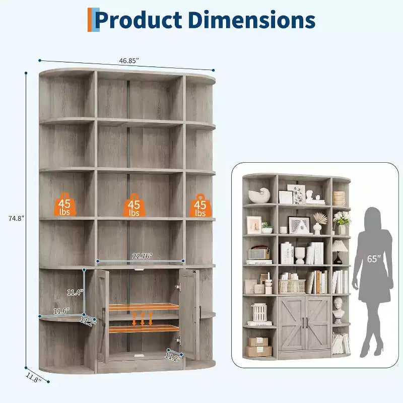 75 Tall 6-Tier Wooden Bookshelf with Storage Cabinet & Doors, Grey Wide Organizer and Display Shelf for Bedroom, Living Room, Home Office
