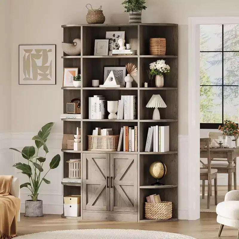 75 Tall 6-Tier Wooden Bookshelf with Storage Cabinet & Doors, Grey Wide Organizer and Display Shelf for Bedroom, Living Room, Home Office