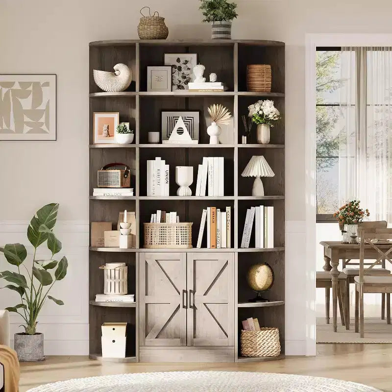 75 Tall 6-Tier Wooden Bookshelf with Storage Cabinet & Doors, Grey Wide Organizer and Display Shelf for Bedroom, Living Room, Home Office