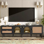 Rattan TV Stand with 3 Cabinets & 2 Drawers, Rattan-inspired Media Console Table for TVs up to 80, TV Cabinet for Living Room Black