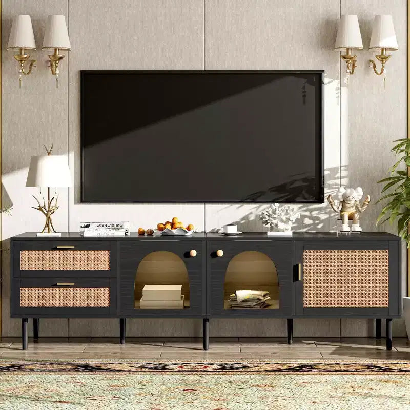 Rattan TV Stand with 3 Cabinets & 2 Drawers, Rattan-inspired Media Console Table for TVs up to 80, TV Cabinet for Living Room Black