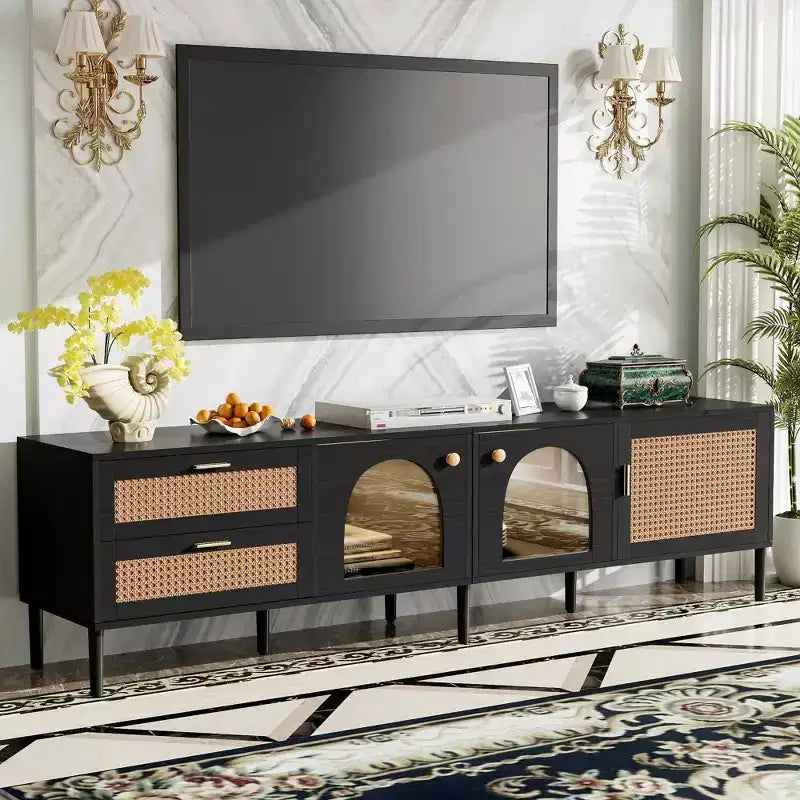 Rattan TV Stand with 3 Cabinets & 2 Drawers, Rattan-inspired Media Console Table for TVs up to 80, TV Cabinet for Living Room Black