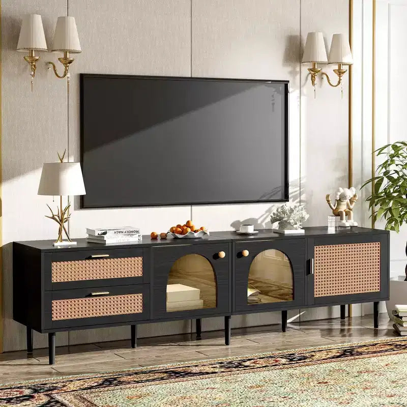 Rattan TV Stand with 3 Cabinets & 2 Drawers, Rattan-inspired Media Console Table for TVs up to 80, TV Cabinet for Living Room Black
