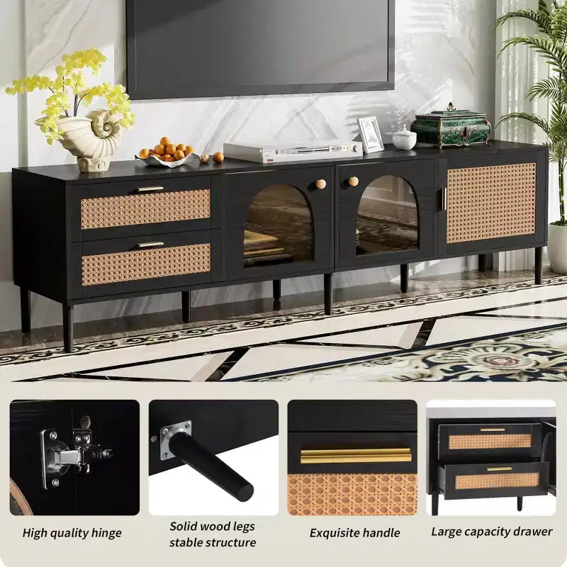 Rattan TV Stand with 3 Cabinets & 2 Drawers, Rattan-inspired Media Console Table for TVs up to 80, TV Cabinet for Living Room Black