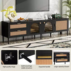 Rattan TV Stand with 3 Cabinets & 2 Drawers, Rattan-inspired Media Console Table for TVs up to 80, TV Cabinet for Living Room Black