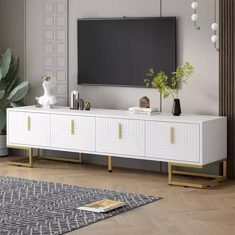 TV Cabinet For 80+ Inch TV, Modern Minimalist Geometric Multi-functional TV Stand With Storage Cabinets, Metal Handles, Legs