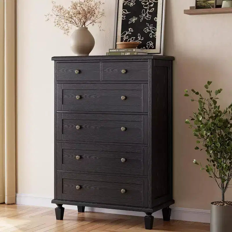 6 Drawer Dresser For Bedroom, Vintage Chest of Drawers with Carved Handles, 47H Narrow Nightstand, Wooden Dresser Organizer for Entryway,Light Brown