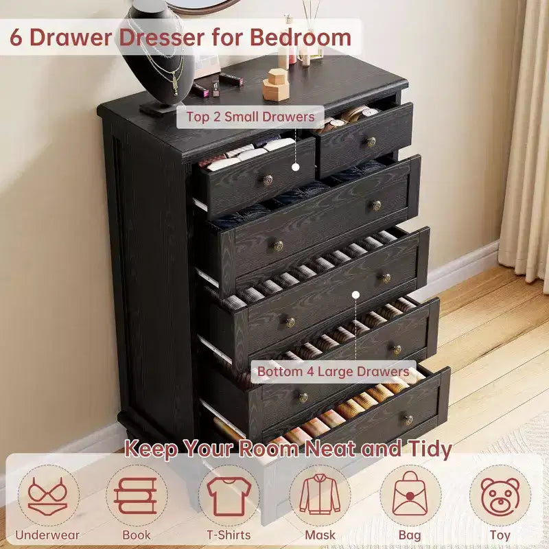 6 Drawer Dresser For Bedroom, Vintage Chest of Drawers with Carved Handles, 47H Narrow Nightstand, Wooden Dresser Organizer for Entryway,Light Brown