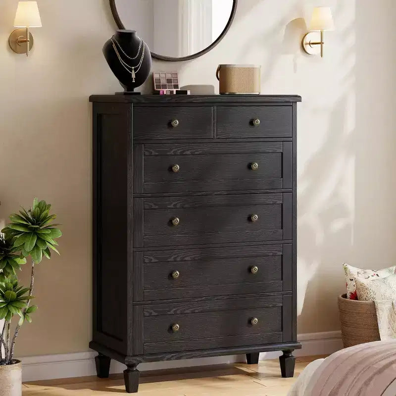 6 Drawer Dresser For Bedroom, Vintage Chest of Drawers with Carved Handles, 47H Narrow Nightstand, Wooden Dresser Organizer for Entryway,Light Brown