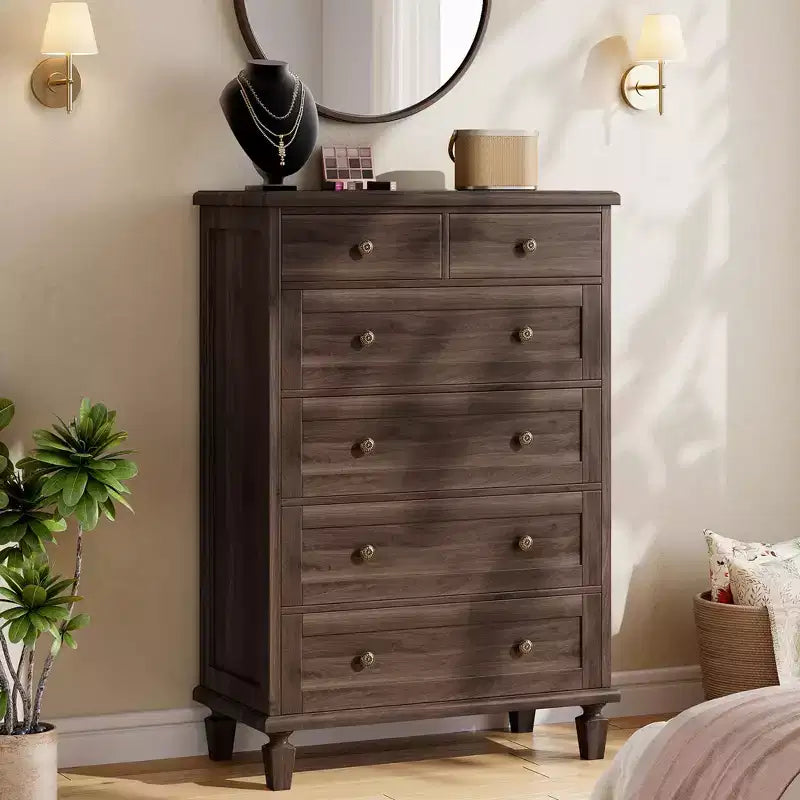 6 Drawer Dresser For Bedroom, Vintage Chest of Drawers with Carved Handles, 47H Narrow Nightstand, Wooden Dresser Organizer for Entryway,Light Brown