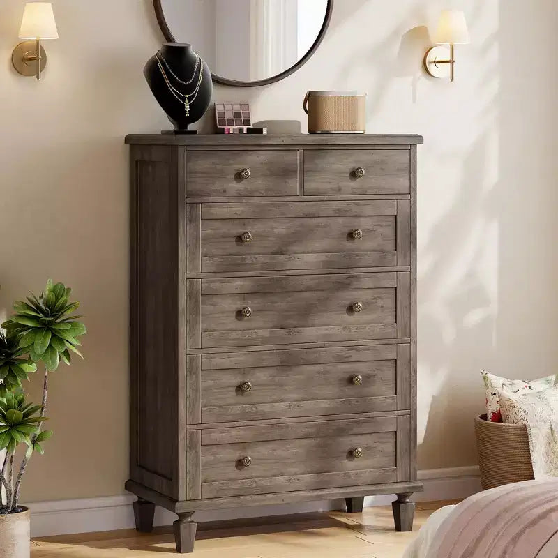6 Drawer Dresser For Bedroom, Vintage Chest of Drawers with Carved Handles, 47H Narrow Nightstand, Wooden Dresser Organizer for Entryway,Light Brown