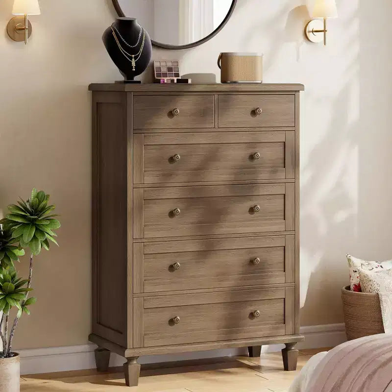 6 Drawer Dresser For Bedroom, Vintage Chest of Drawers with Carved Handles, 47H Narrow Nightstand, Wooden Dresser Organizer for Entryway,Light Brown