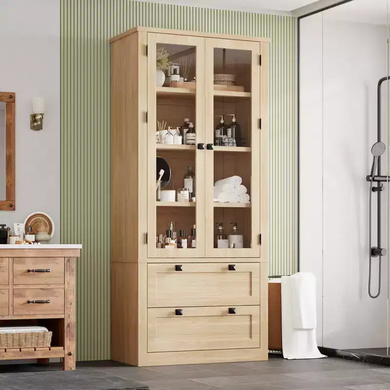 72 Modern Farmhouse Pantry Cabinet - Tall Kitchen Storage Hutch w/ Glass Doors, 2 Drawers & Adjustable Shelves for Dining & Living Room
