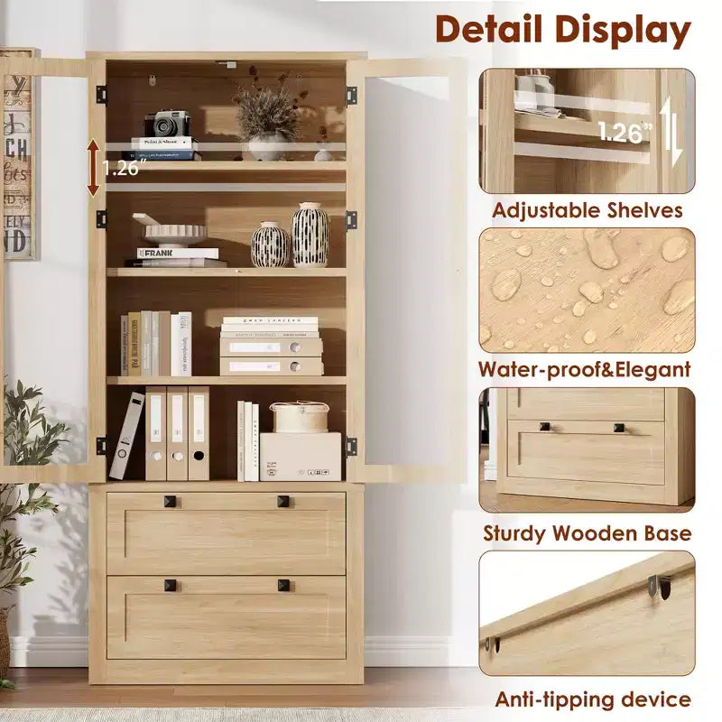 72 Modern Farmhouse Pantry Cabinet - Tall Kitchen Storage Hutch w/ Glass Doors, 2 Drawers & Adjustable Shelves for Dining & Living Room