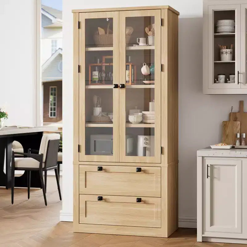 72 Modern Farmhouse Pantry Cabinet - Tall Kitchen Storage Hutch w/ Glass Doors, 2 Drawers & Adjustable Shelves for Dining & Living Room