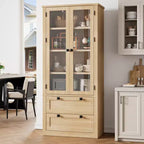 72 Modern Farmhouse Pantry Cabinet - Tall Kitchen Storage Hutch w/ Glass Doors, 2 Drawers & Adjustable Shelves for Dining & Living Room