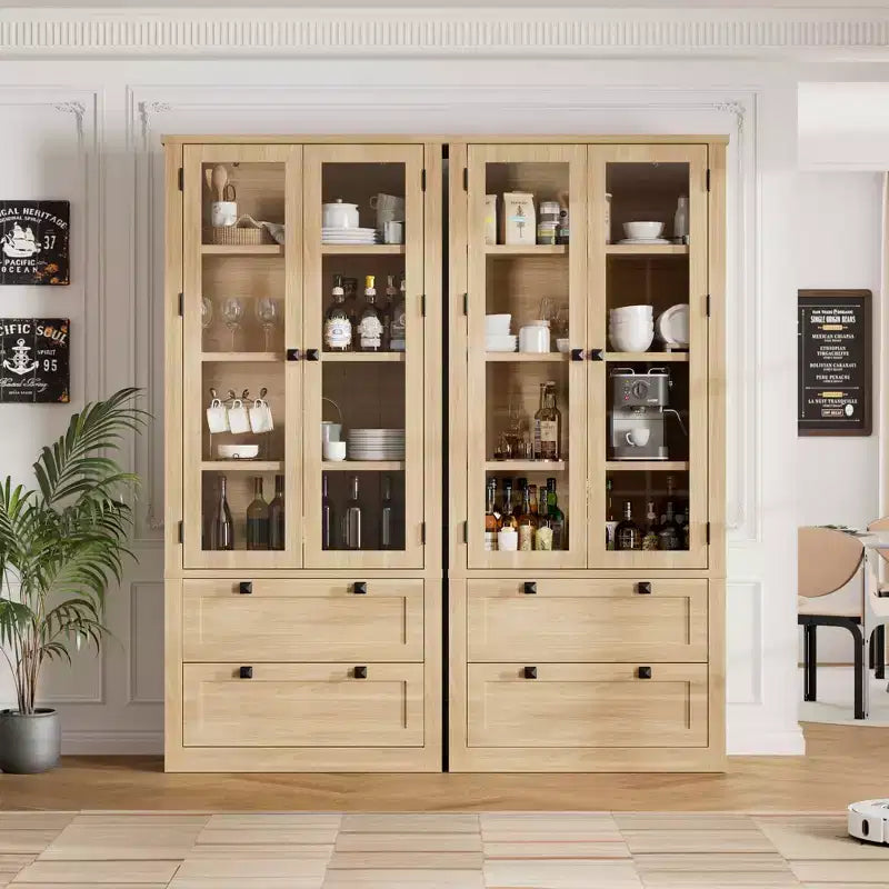 72 Modern Farmhouse Pantry Cabinet - Tall Kitchen Storage Hutch w/ Glass Doors, 2 Drawers & Adjustable Shelves for Dining & Living Room