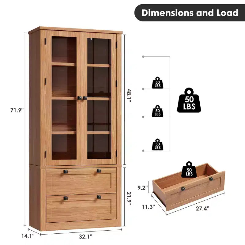 72 Modern Farmhouse Pantry Cabinet - Tall Kitchen Storage Hutch w/ Glass Doors, 2 Drawers & Adjustable Shelves for Dining & Living Room