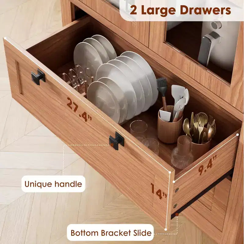 72 Modern Farmhouse Pantry Cabinet - Tall Kitchen Storage Hutch w/ Glass Doors, 2 Drawers & Adjustable Shelves for Dining & Living Room