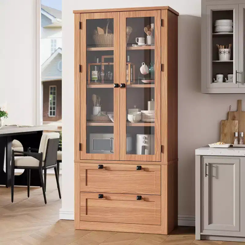 72 Modern Farmhouse Pantry Cabinet - Tall Kitchen Storage Hutch w/ Glass Doors, 2 Drawers & Adjustable Shelves for Dining & Living Room