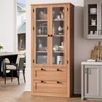 72 Modern Farmhouse Pantry Cabinet - Tall Kitchen Storage Hutch w/ Glass Doors, 2 Drawers & Adjustable Shelves for Dining & Living Room