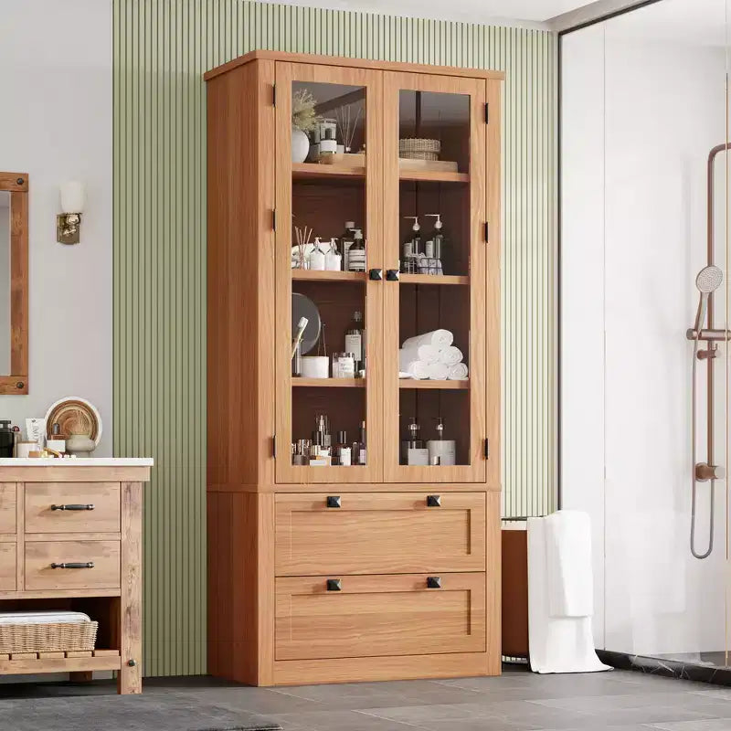 72 Modern Farmhouse Pantry Cabinet - Tall Kitchen Storage Hutch w/ Glass Doors, 2 Drawers & Adjustable Shelves for Dining & Living Room