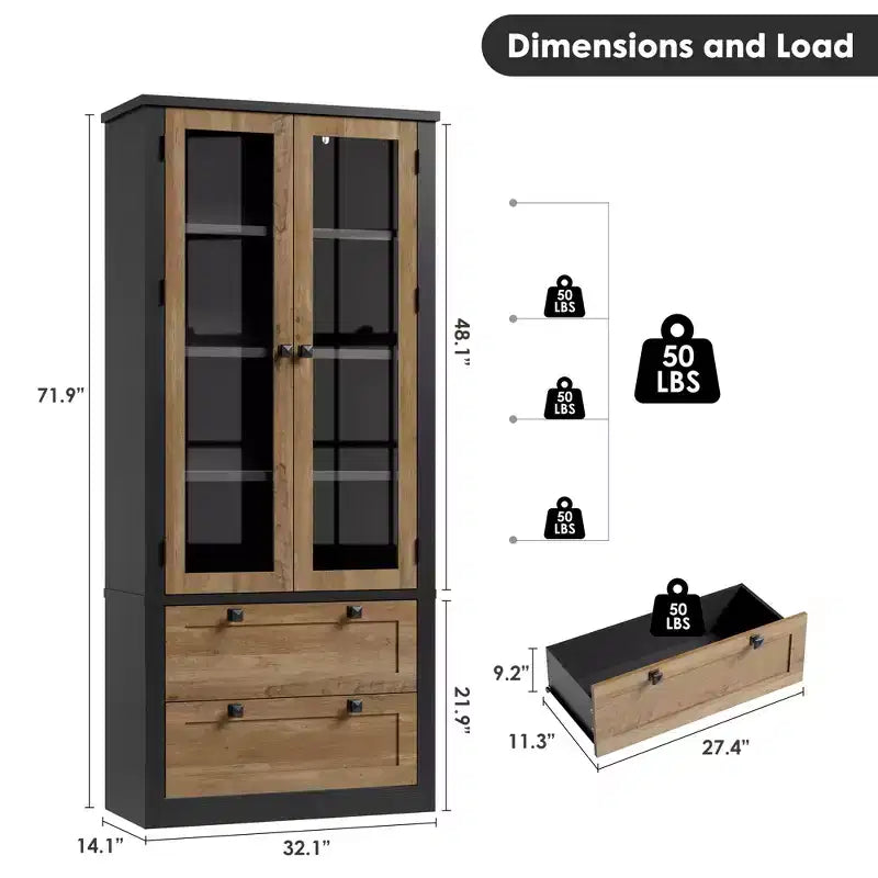 72 Modern Farmhouse Pantry Cabinet - Tall Kitchen Storage Hutch w/ Glass Doors, 2 Drawers & Adjustable Shelves for Dining & Living Room