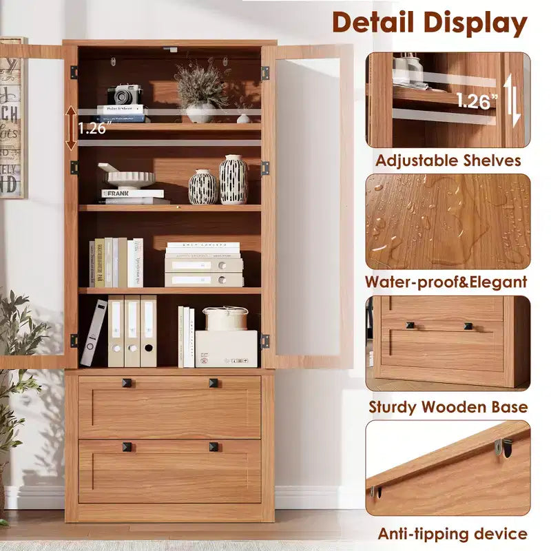 72 Modern Farmhouse Pantry Cabinet - Tall Kitchen Storage Hutch w/ Glass Doors, 2 Drawers & Adjustable Shelves for Dining & Living Room