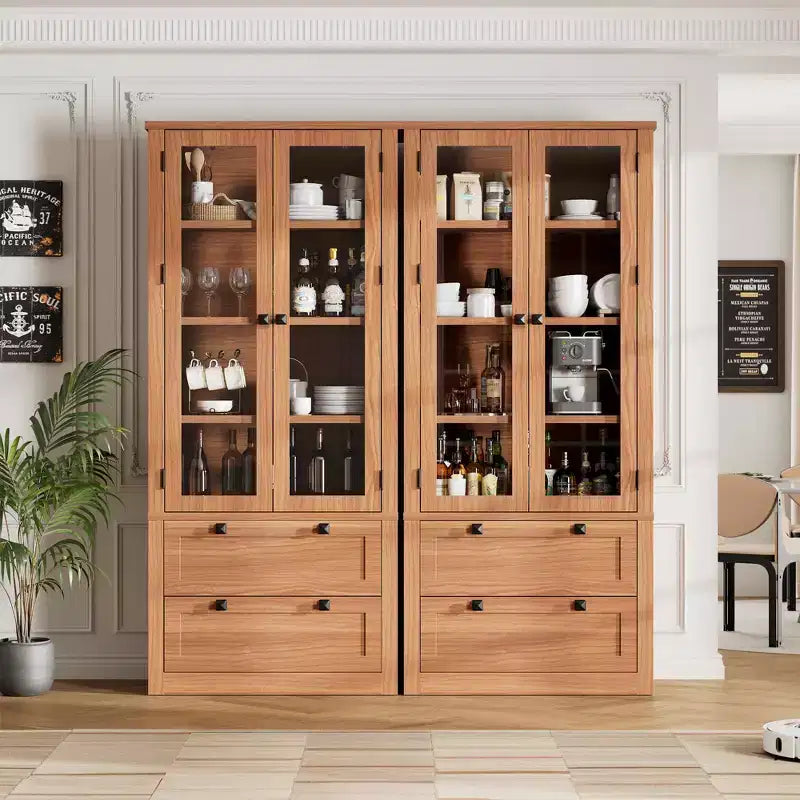 72 Modern Farmhouse Pantry Cabinet - Tall Kitchen Storage Hutch w/ Glass Doors, 2 Drawers & Adjustable Shelves for Dining & Living Room