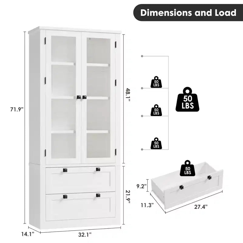 72 Modern Farmhouse Pantry Cabinet - Tall Kitchen Storage Hutch w/ Glass Doors, 2 Drawers & Adjustable Shelves for Dining & Living Room