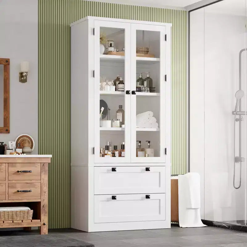 72 Modern Farmhouse Pantry Cabinet - Tall Kitchen Storage Hutch w/ Glass Doors, 2 Drawers & Adjustable Shelves for Dining & Living Room
