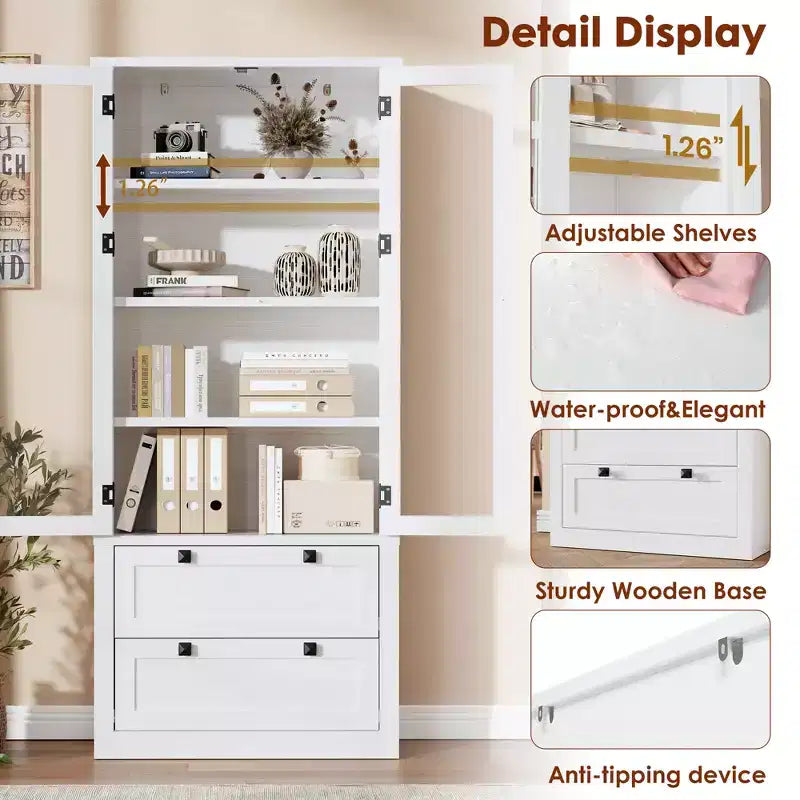 72 Modern Farmhouse Pantry Cabinet - Tall Kitchen Storage Hutch w/ Glass Doors, 2 Drawers & Adjustable Shelves for Dining & Living Room