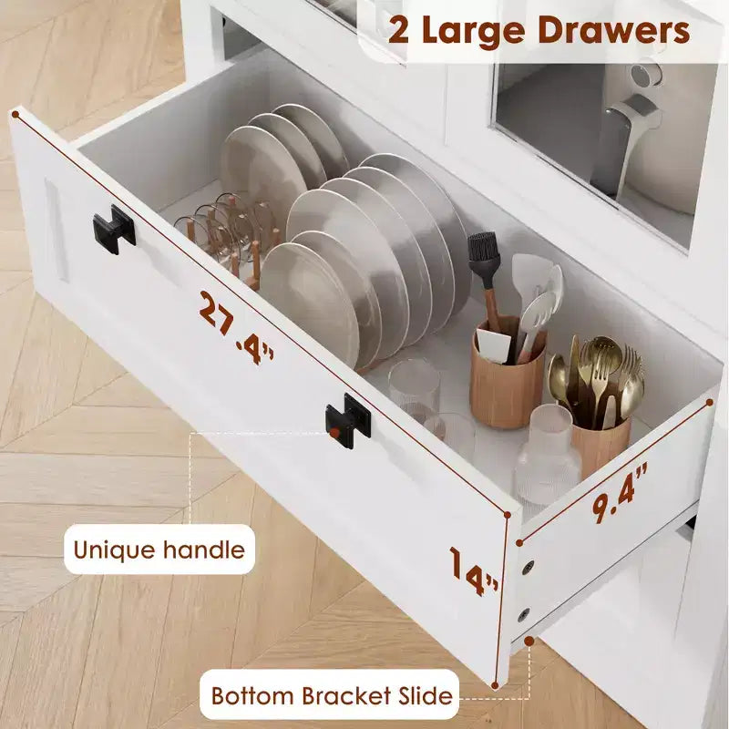72 Modern Farmhouse Pantry Cabinet - Tall Kitchen Storage Hutch w/ Glass Doors, 2 Drawers & Adjustable Shelves for Dining & Living Room