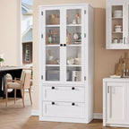 72 Modern Farmhouse Pantry Cabinet - Tall Kitchen Storage Hutch w/ Glass Doors, 2 Drawers & Adjustable Shelves for Dining & Living Room