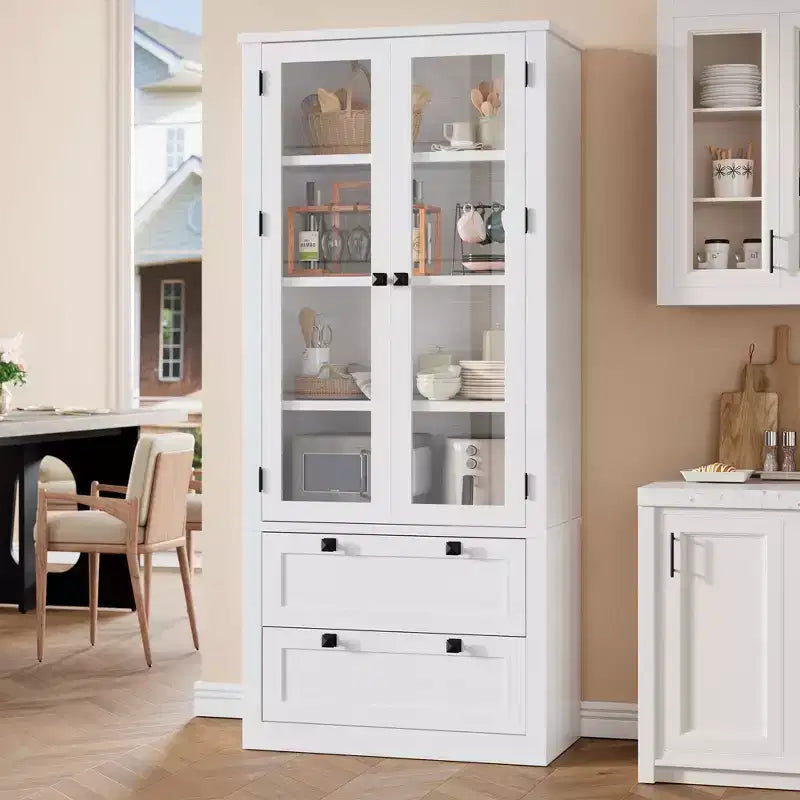 72 Modern Farmhouse Pantry Cabinet - Tall Kitchen Storage Hutch w/ Glass Doors, 2 Drawers & Adjustable Shelves for Dining & Living Room