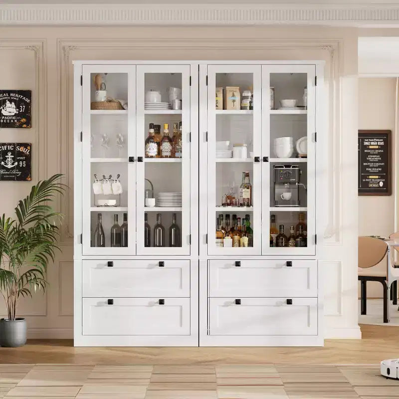 72 Modern Farmhouse Pantry Cabinet - Tall Kitchen Storage Hutch w/ Glass Doors, 2 Drawers & Adjustable Shelves for Dining & Living Room