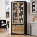 72 Modern Farmhouse Pantry Cabinet - Tall Kitchen Storage Hutch w/ Glass Doors, 2 Drawers & Adjustable Shelves for Dining & Living Room