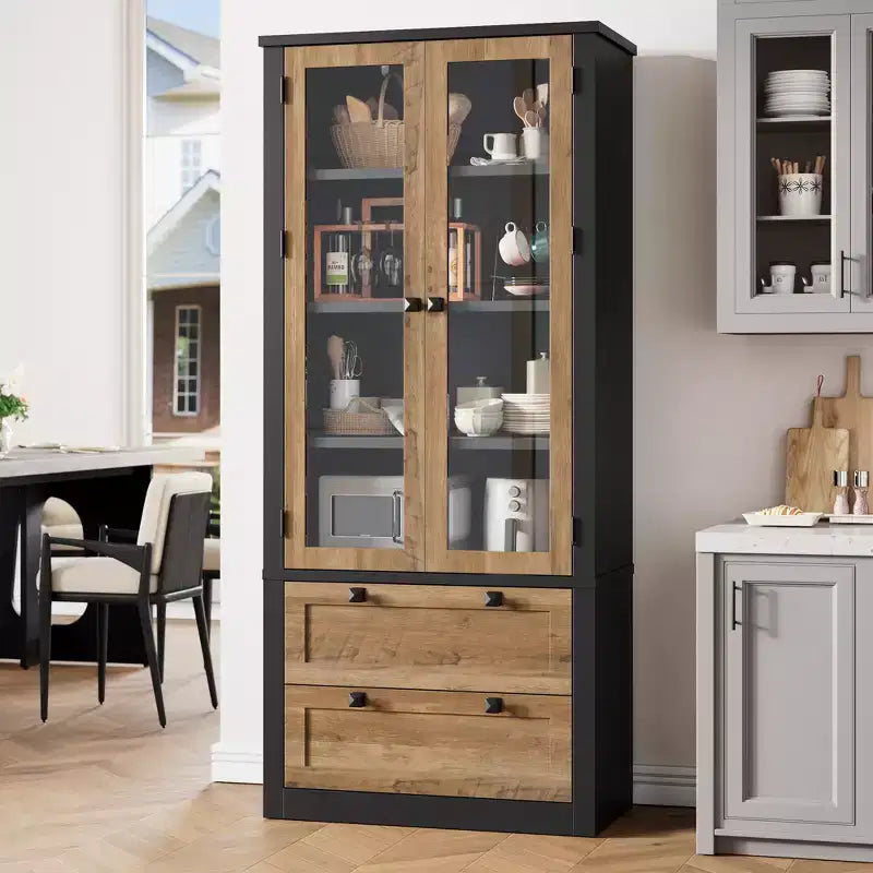 72 Modern Farmhouse Pantry Cabinet - Tall Kitchen Storage Hutch w/ Glass Doors, 2 Drawers & Adjustable Shelves for Dining & Living Room