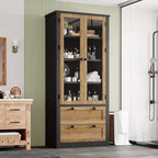 72 Modern Farmhouse Pantry Cabinet - Tall Kitchen Storage Hutch w/ Glass Doors, 2 Drawers & Adjustable Shelves for Dining & Living Room
