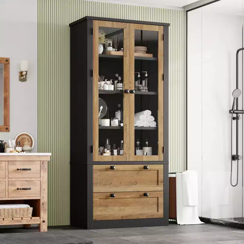 72 Modern Farmhouse Pantry Cabinet - Tall Kitchen Storage Hutch w/ Glass Doors, 2 Drawers & Adjustable Shelves for Dining & Living Room