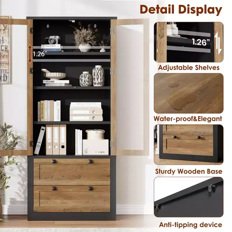 72 Modern Farmhouse Pantry Cabinet - Tall Kitchen Storage Hutch w/ Glass Doors, 2 Drawers & Adjustable Shelves for Dining & Living Room