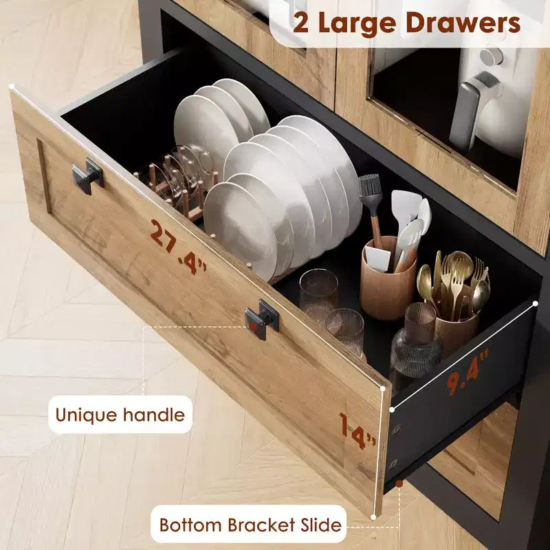 72 Modern Farmhouse Pantry Cabinet - Tall Kitchen Storage Hutch w/ Glass Doors, 2 Drawers & Adjustable Shelves for Dining & Living Room