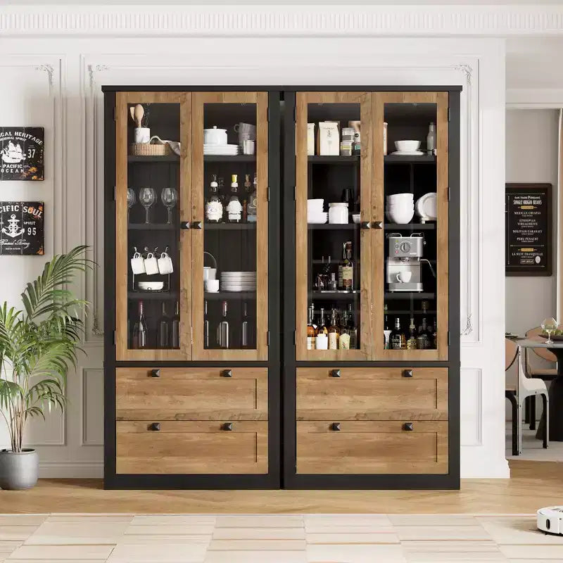 72 Modern Farmhouse Pantry Cabinet - Tall Kitchen Storage Hutch w/ Glass Doors, 2 Drawers & Adjustable Shelves for Dining & Living Room