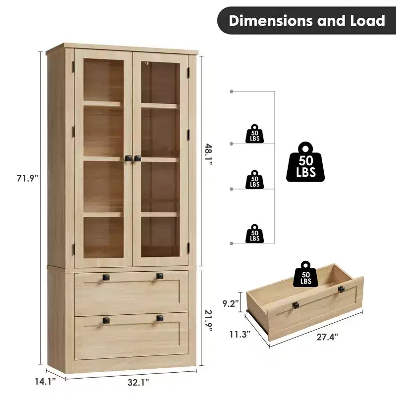 72 Modern Farmhouse Pantry Cabinet - Tall Kitchen Storage Hutch w/ Glass Doors, 2 Drawers & Adjustable Shelves for Dining & Living Room