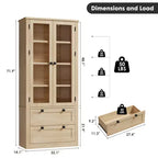 72 Modern Farmhouse Pantry Cabinet - Tall Kitchen Storage Hutch w/ Glass Doors, 2 Drawers & Adjustable Shelves for Dining & Living Room