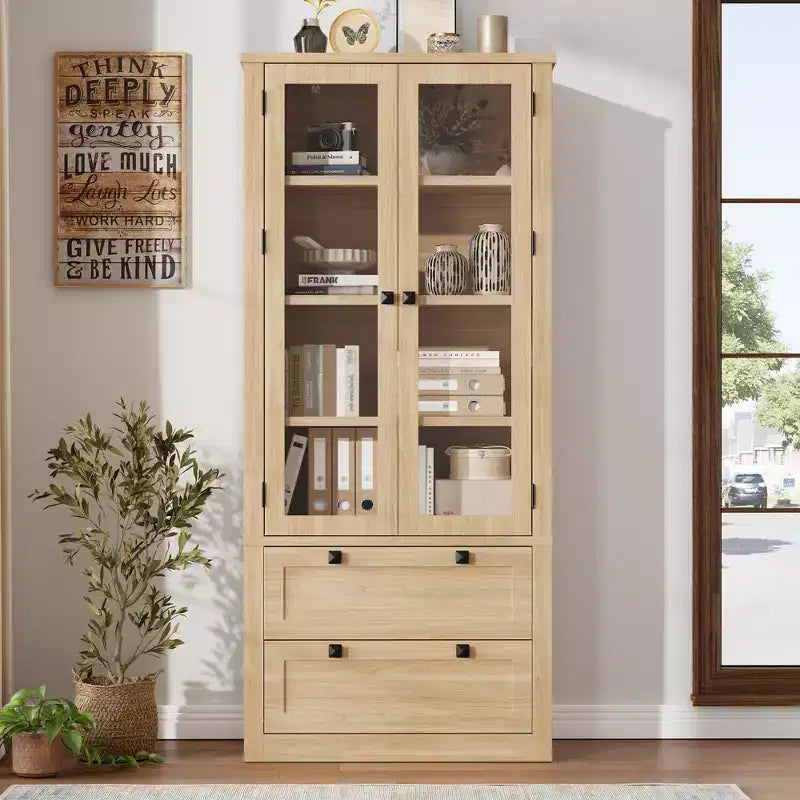 72 Modern Farmhouse Pantry Cabinet - Tall Kitchen Storage Hutch w/ Glass Doors, 2 Drawers & Adjustable Shelves for Dining & Living Room