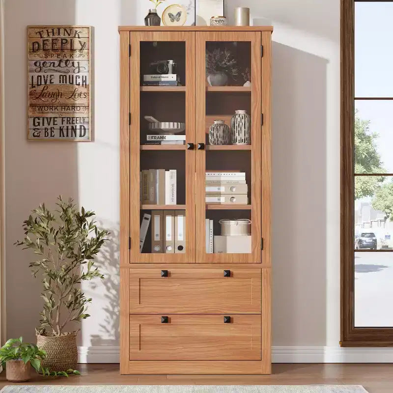 72 Modern Farmhouse Pantry Cabinet - Tall Kitchen Storage Hutch w/ Glass Doors, 2 Drawers & Adjustable Shelves for Dining & Living Room