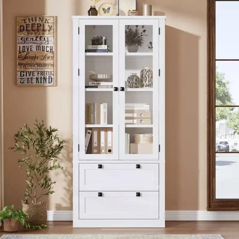 72 Modern Farmhouse Pantry Cabinet - Tall Kitchen Storage Hutch w/ Glass Doors, 2 Drawers & Adjustable Shelves for Dining & Living Room
